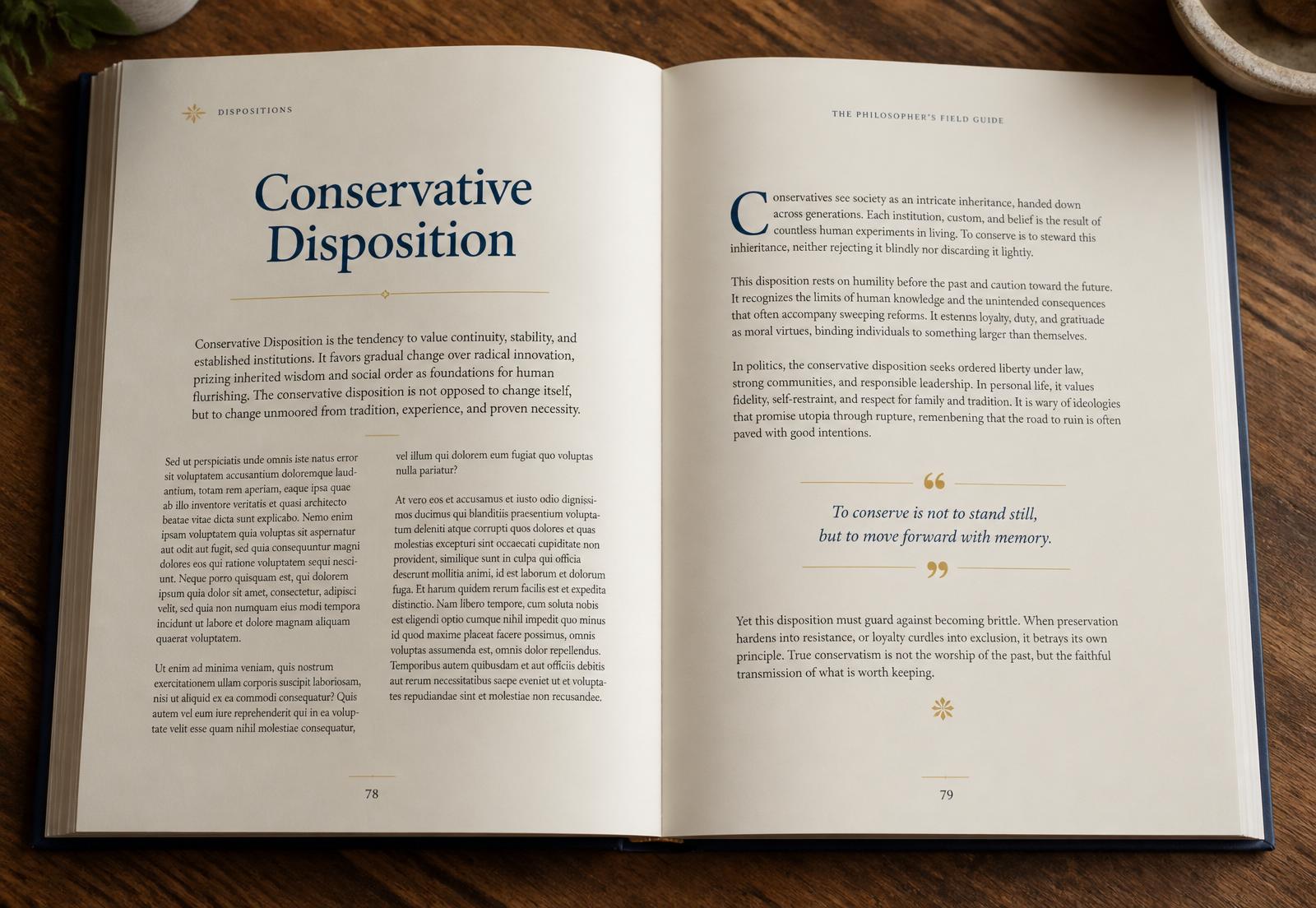 Interior spread of The Navigator's Toolkit showing a concept entry with serif headings and pull quote